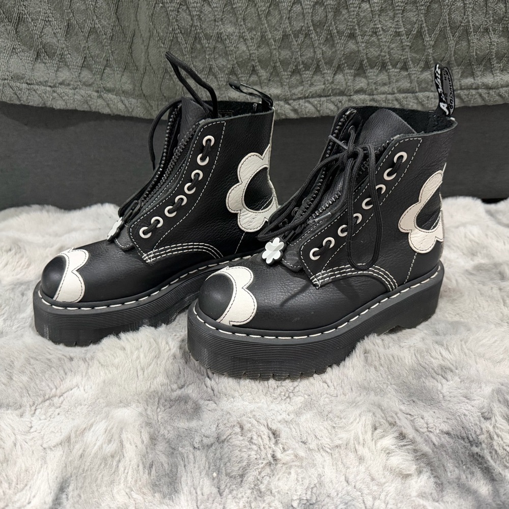 Dr. Martens/Sinclair Pisa Black Boots with White Floral Accents